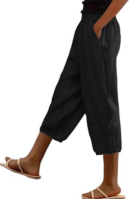 Capri Pants For Women Summer Elastic Waisted Cropped Pants Straight Flowy Cute Wide Leg Trousers With Pockets Ladies Fashion Dressy Beach Flowy Loose Breathable Straight Leg Joggers Beige At Women's Clothing