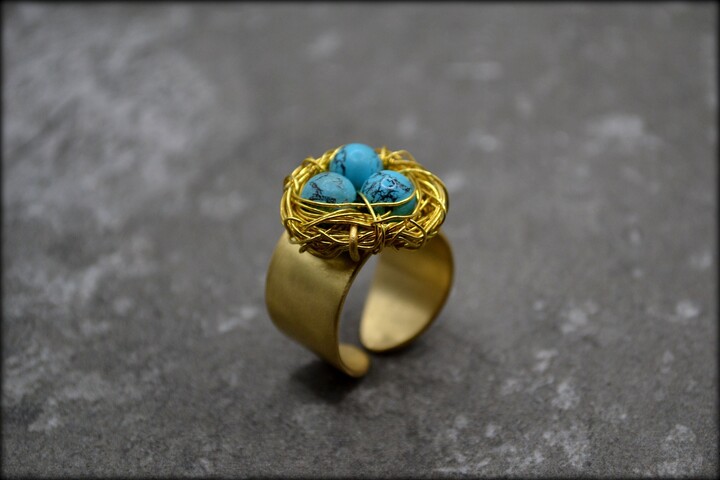 Handmade Bird Nest Ring Turquoise Gemstone Eggs, Adjustable Wide Band