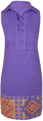 Haris Cotton - Lace Up Neck Sleeveless Mini Linen Dress With Embroidered Panels - Lavender/Mango