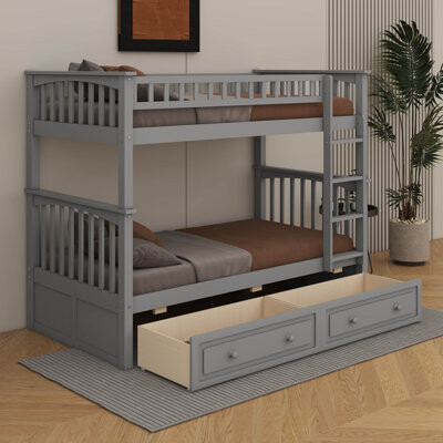 Wood Twin Over Twin Size Bunk Bed With Drawers, Convertible Bunk Bed With Ladders