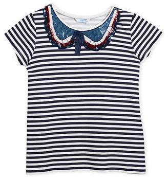 Mayoral Short-Sleeve Striped T-Shirt w/ Sequin Peter Pan Collar, Size 8-14