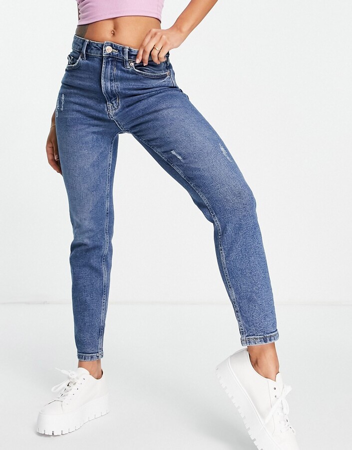 Stradivarius cotton slim mom jeans with stretch in medium blue - MBLUE -  ShopStyle