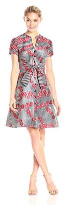 Adrianna Papell Women's Petite Gingham and Floral Fla Embroide Shirt Dress