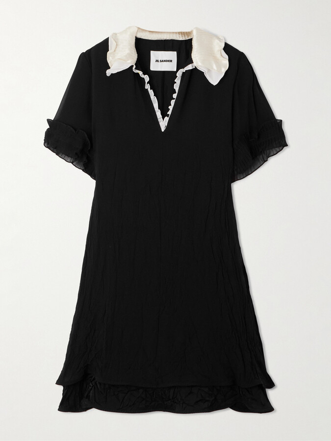 Jil Sander Ruffled Satin-trimmed Crinkled Silk-chiffon Dress - Black