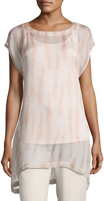 Eileen Fisher Cap-Sleeve Sheer Silk Shibori Tunic, Coral