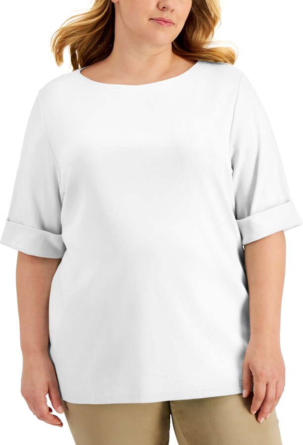 Karen Scott Plus Size Cotton Elbow-Sleeve Top, Created for Macy's -  ShopStyle