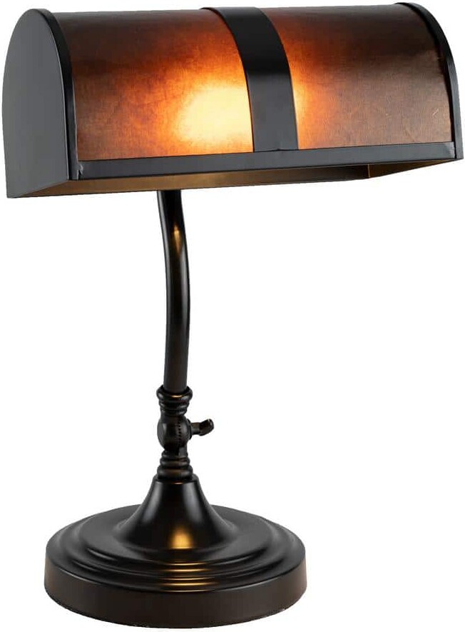 14 in. Black Mission Style LED Bankers Lamp with Amber Mica Shade