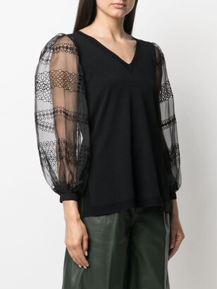 D-Exterior Tulle-Sleeve Knitted Top