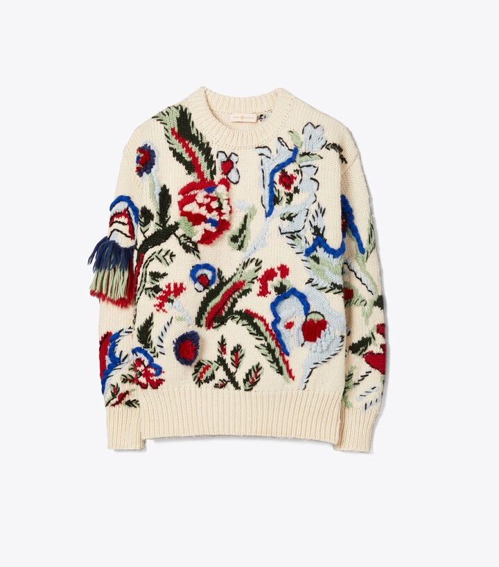 Tory Burch Hand-Knit Intarsia Embroidered Sweater - ShopStyle