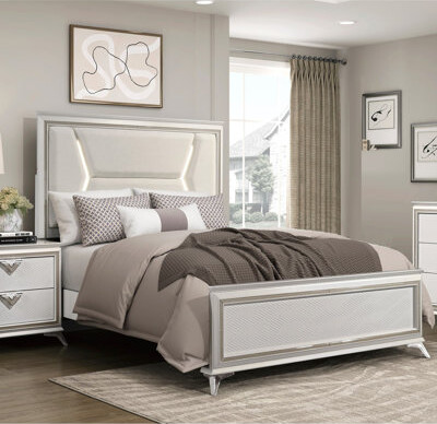 Mercer41 1Pc Modern Luxury Queen Bed Upholstered Headboard With LED Lighting Wooden Bedroom Furniture Antique White Finish And Gold