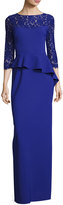 Thumbnail for your product : Rickie Freeman For Teri Jon 3/4-Sleeve Lace-Trim Stretch Jersey Peplum Gown, Cobalt