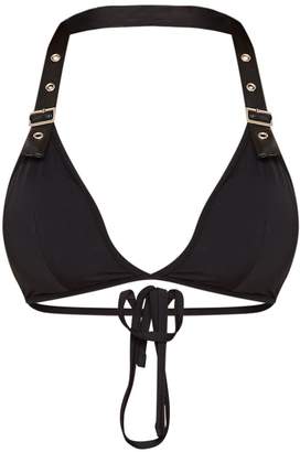 PrettyLittleThing Black Buckle Strap Halterneck Bikini Top