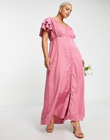 Thumbnail for your product : Little Mistress Plus Bridesmaid satin maxi dress with flutter sleeves in dark pink