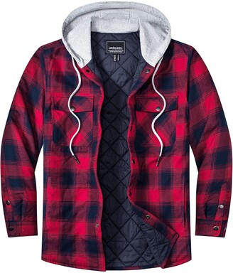 TACVASEN Men Shirt Jacket Hooded Lumberjack Jacket Quilted Fleece Hoodies Check Button Shirt 