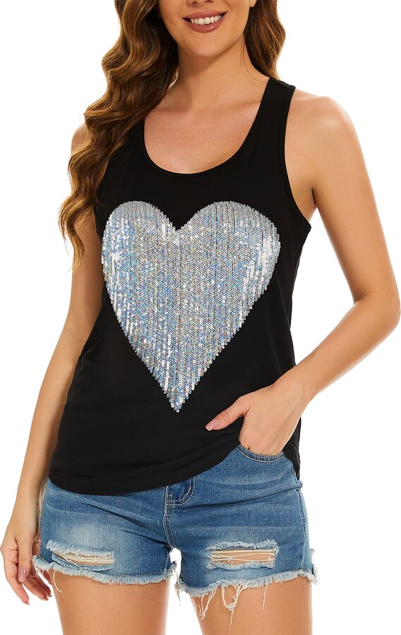 PESION Womens Sparkly Sequin Tank Tops Sleeveless Scoop Neck Loose Fit  Workout Shirts Racerback Tees Tops Shirts - ShopStyle T-shirts