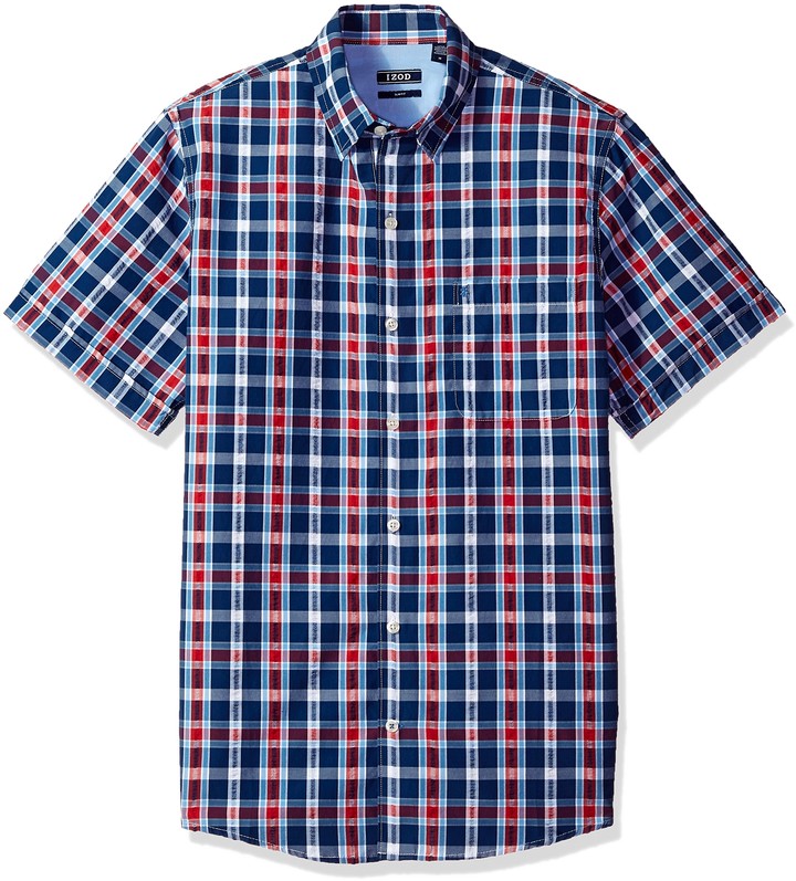 Izod Men's Breeze Short Sleeve Button Down Plaid Seersucker Shirt
