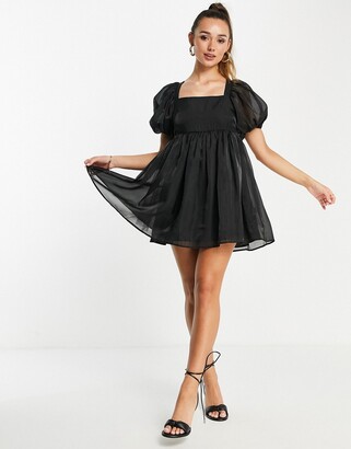 Amy Lynn mini smock dress with bow back and puff sleeves in black organza