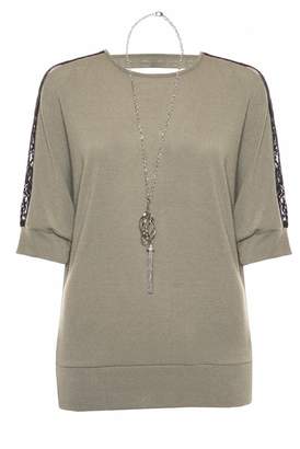 Quiz Khaki Lace Shoulder Detail Light Knit Necklace Top