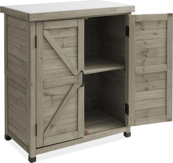 Casafield Outdoor Storage Cabinet and Potting Bench with Metal Tabletop and Storage Cabinet - Wooden Outdoor Garden Patio Workstation Table Natural