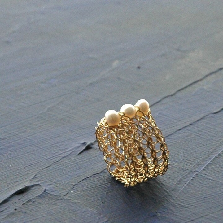 Etsy Pearl - Ring Wire Crochet Gold Textile Jewelry Romantic Handmade Band Small Pearls Gift For Her