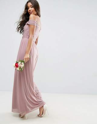 ASOS Design Bridesmaid Ruched Mesh Bardot Maxi Dress