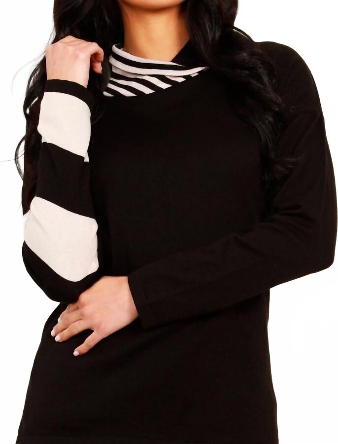 Angel Apparel Stripe Funnel Neck Sweater In Black/stone