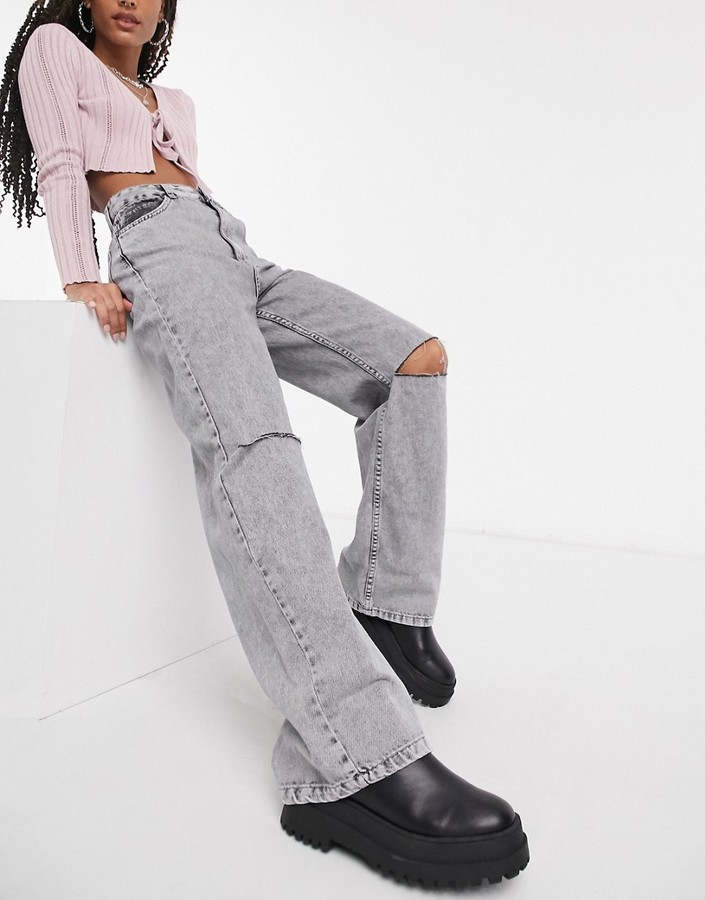 Bershka wide leg '90s jean with knee rip in gray - ShopStyle