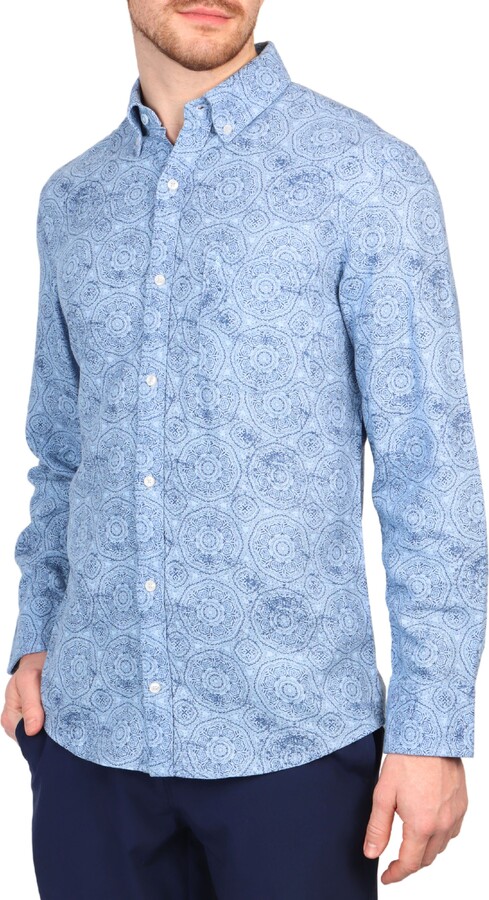 Tailorbyrd Batik Print Linen Blend Button-Down Shirt