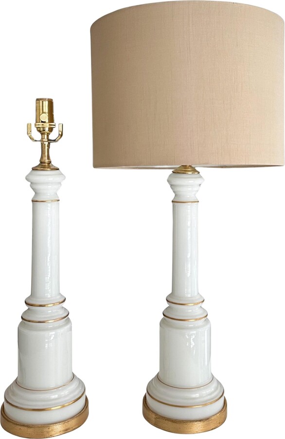 Pair Warren Kessler White Opaline Glass Mid-century Table Lamps