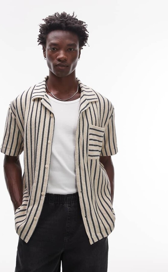 Topman oversized fit button through jersey shirt with knit stripe in stone