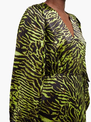 Ganni Tiger-print Silk-blend Satin Wrap Dress - Black Green