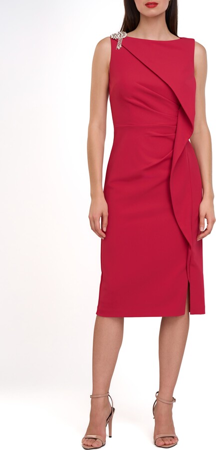 JS Collections Fern Crystal Detail Cascade Ruffle Crepe Cocktail Midi Dress