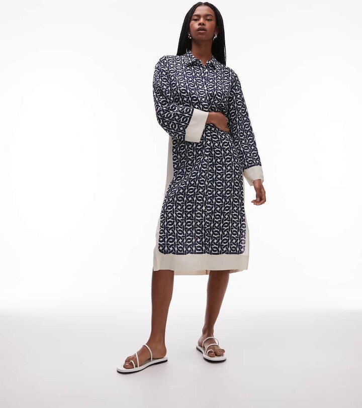 Arket long sleeve midi shirt dress in blue and white print