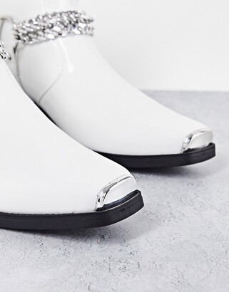 Asos Design Cuban Heel Western Chelsea Boots In White Patent With Silver  Chain - Shopstyle