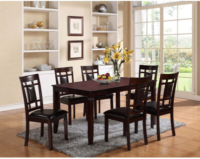 Red Barrel Studio 7-Pc Dinette Set Rectangular Table Faux Leather Upholstery Padded Lattice Design Side Chairs Dining Room Wooden Dining Set Furniture Contemporary Tran