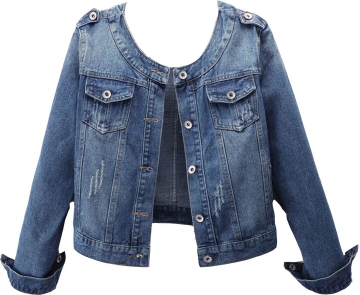 GUOCU Ladies Collarless Classic Plus Size Round Neck Casual Biker Style  Stretch Washed Jean Denim Jacket Oversized Coat Outwear Cropped Trucker  Jacket Picture 5XL - ShopStyle
