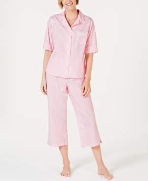 Miss Elaine Stripe-Print Cotton Short-Sleeve Top and Cropped Pajama Pants Set