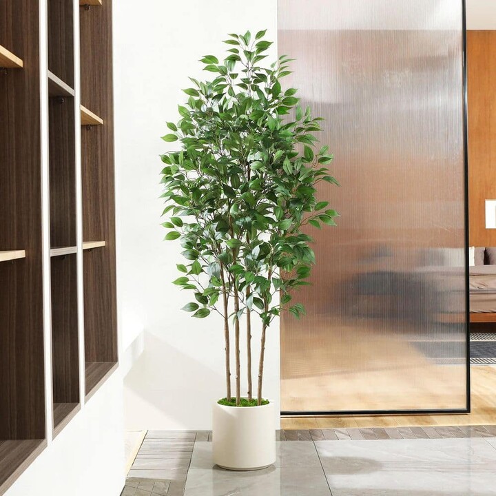 DR.Planzen 72 in. faux Ficus Tree in Pot with White Planter, Faux Green Ficus Plant, Fake Tree for Home Décor
