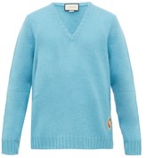 Thumbnail for your product : Gucci Logo-patch V-neck Wool Sweater - Blue
