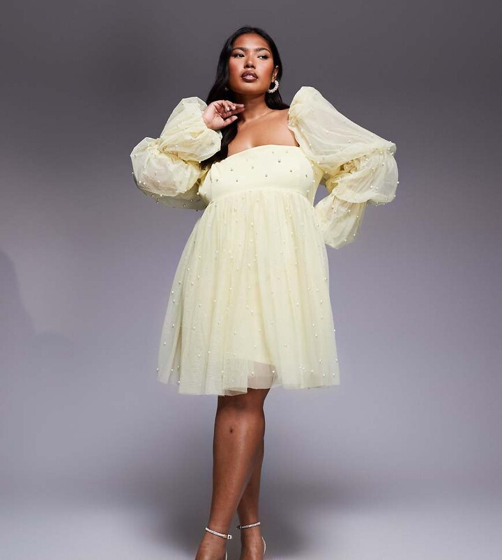 ASOS Luxe Curve tulle baby doll dress with pearl embellishment in buttermilk