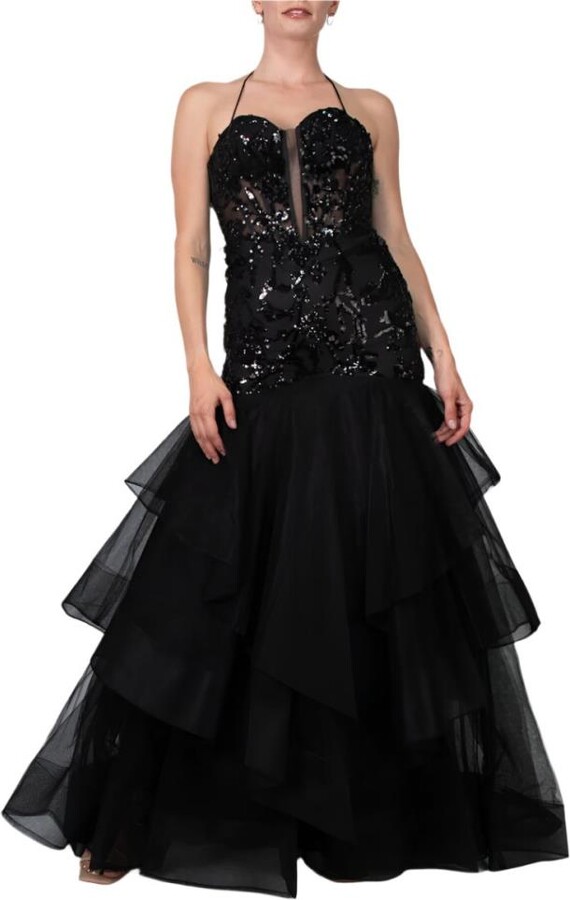 TRUEDAMES Embroidered Plunging Neckline Gown