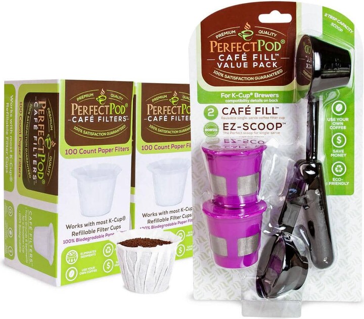 Perfect Pod Cafe Fill Value Pack with 2 Reusable K-Cup Pods +200 Cafe Filters Coffee Filters + EZ-Scoop Integrated Scoop with Funnel