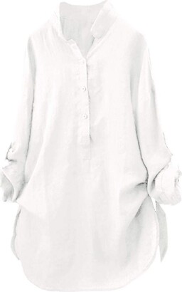 Lazzboy Womens Blouse Long Sleeve Cotton Solid Stand Collar Loose Oversized Button Shirt Tunic Tops(4XL(20)