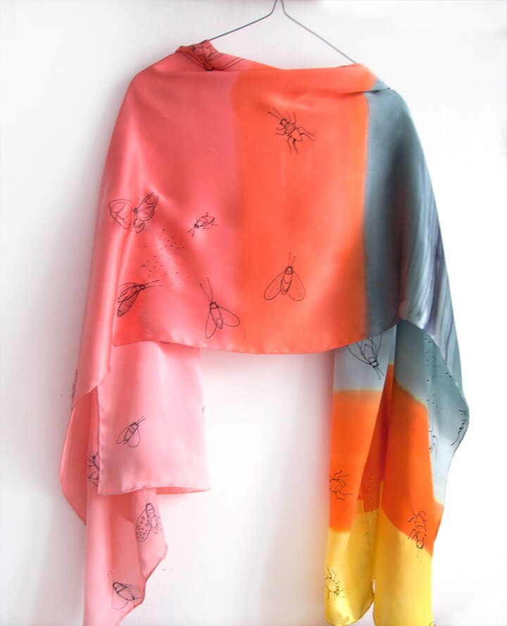 Etsy Hand-Painted Silk Satin Scarf Coral Gray Butterfly Shawl