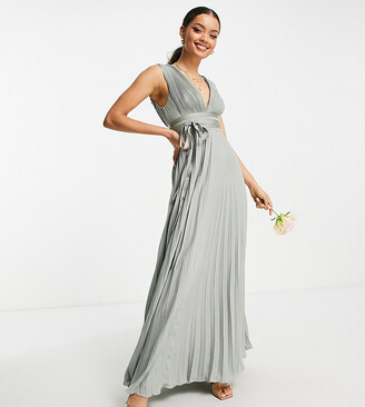 ASOS Petite ASOS DESIGN Petite Bridesmaid pleated cami maxi dress with satin wrap waist in olive