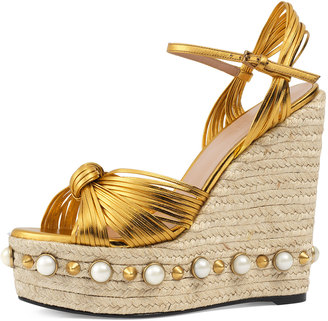 Gucci Barbette Knotted Espadrille Wedge Sandal, Gold