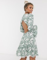 Thumbnail for your product : ASOS DESIGN fluted sleeve open back skater mini dress with lace inserts in floral print