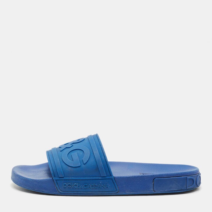 Dolce & Gabbana Blue Rubber Logo Flat Slides Size 43