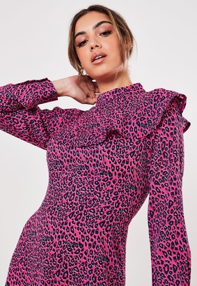 Missguided Pink Leopard Print High Neck Frill Smock Dress