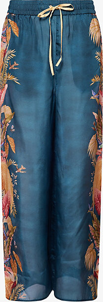 Zimmermann Womens Dark Blue Palm Floral Ascension Relaxed-Fit Silk Trousers Xl